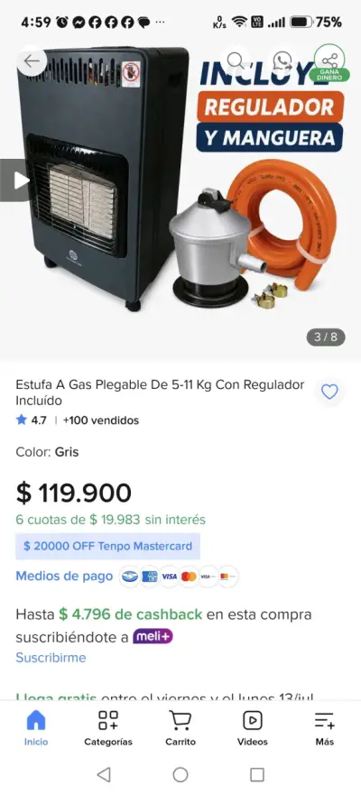 Estufa a gas plegable con regulador y manguera - miniatura 3