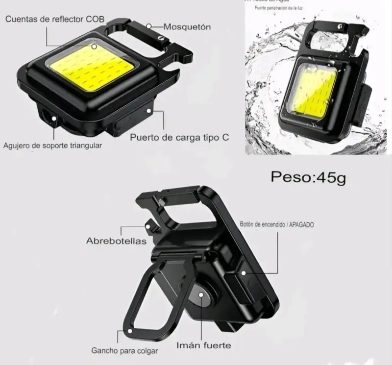 Luz LED portátil con mosquetón y abridor - 2