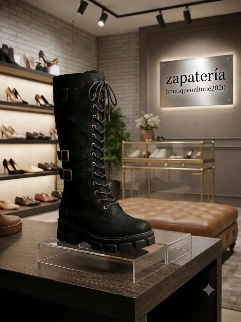Bota alta negra con cordones y hebillas