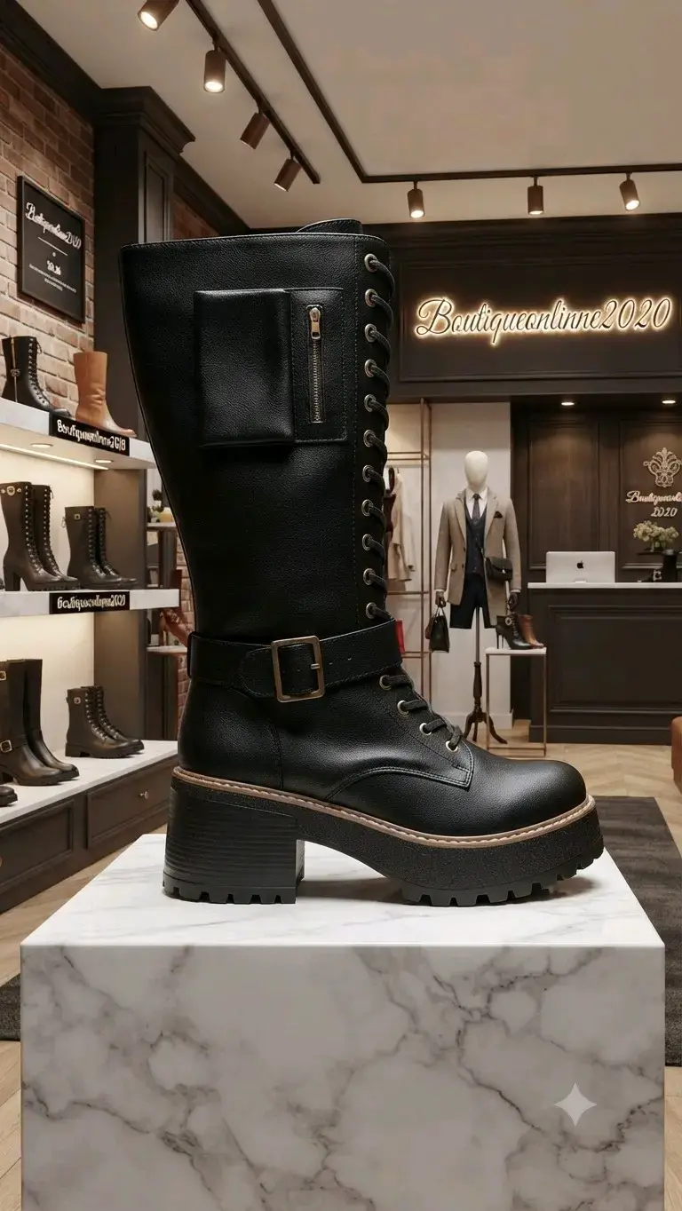 Botas negras de cuero con cordones y hebilla