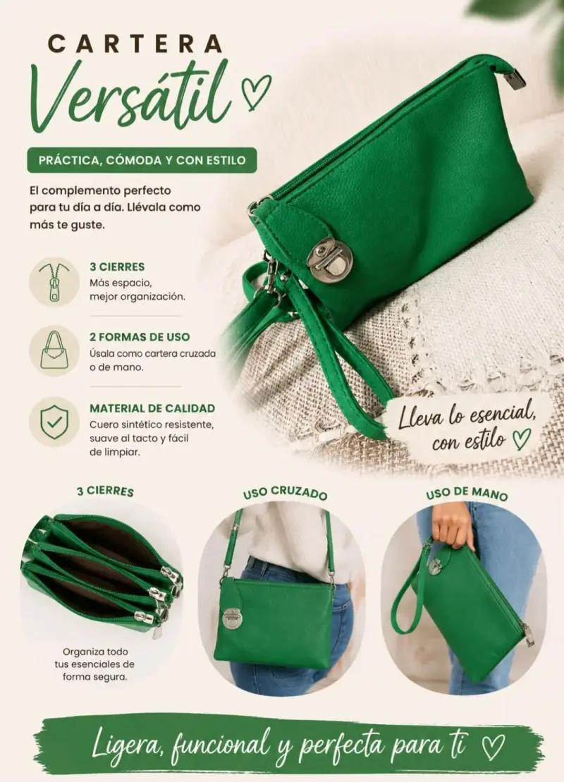 Cartera versátil verde con 3 cierres