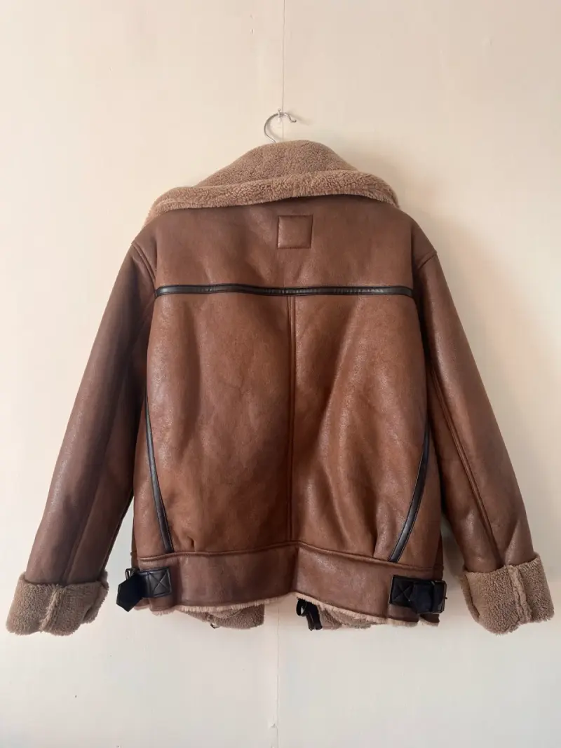 Chaqueta de cuero marrón con forro de lana - 2