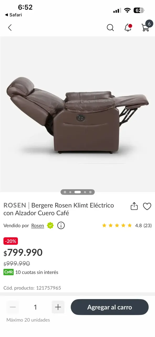 Sillón bergere reclinable de cuero marrón eléctric - 5