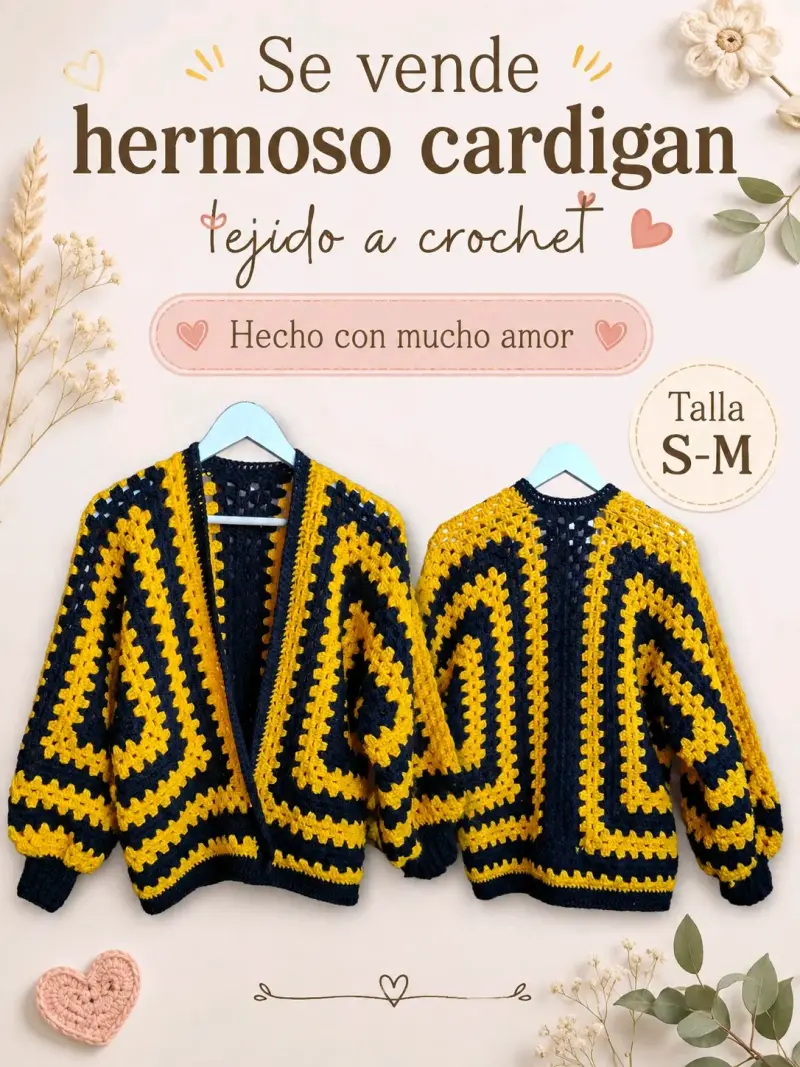 Cardigan tejido a crochet amarillo y negro
