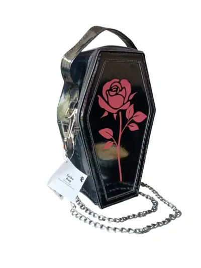 Bolso ataúd negro con diseño de rosa - miniatura 1
