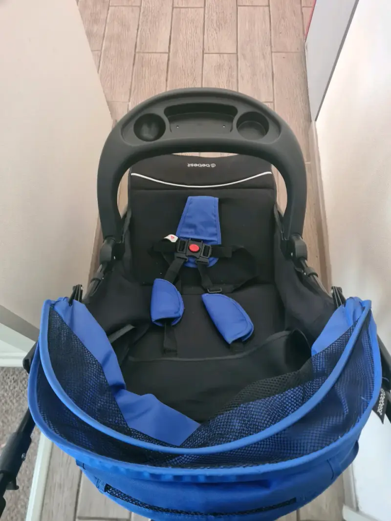 Coche de bebé plegable azul con bandeja - 3