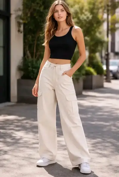 Jeans Bershka Wide Leg Tiro Alto Color Crema, 40 - miniatura 1