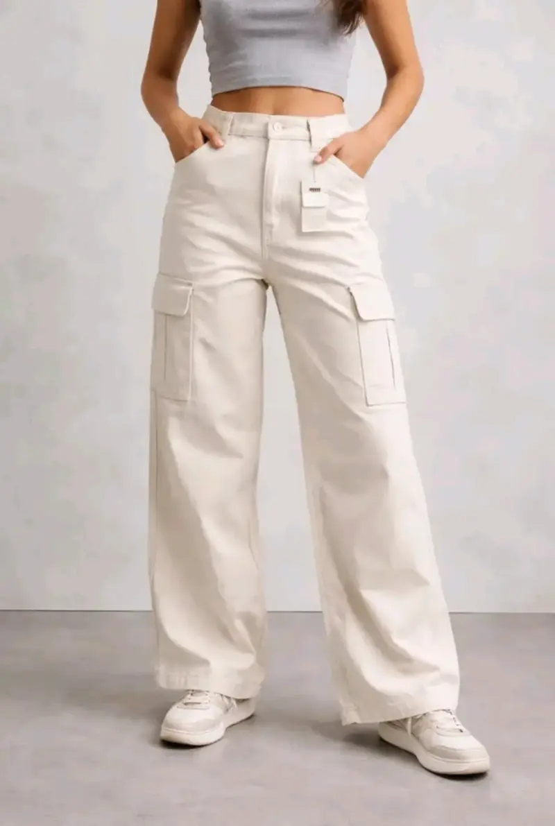Jeans Bershka Wide Leg Tiro Alto Color Crema, 40 - 2