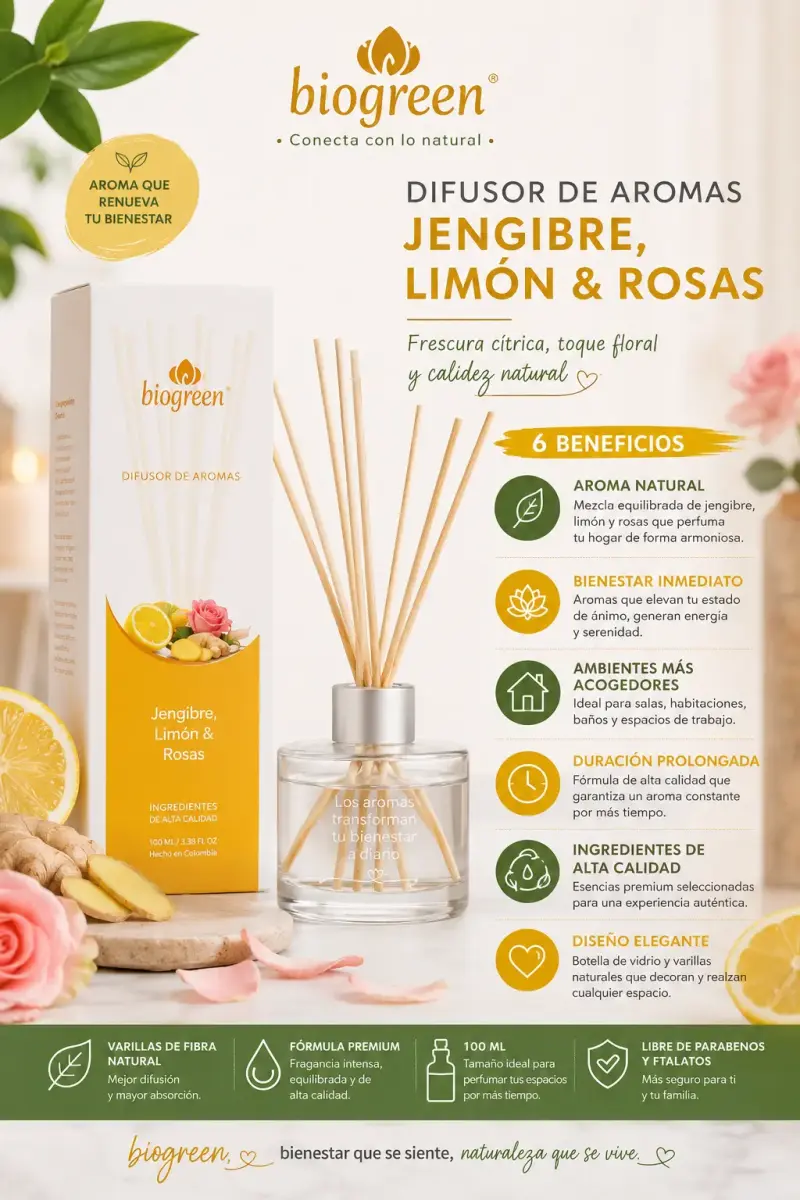 Difusor de Aromas Biogreen Jengibre Limón Rosas