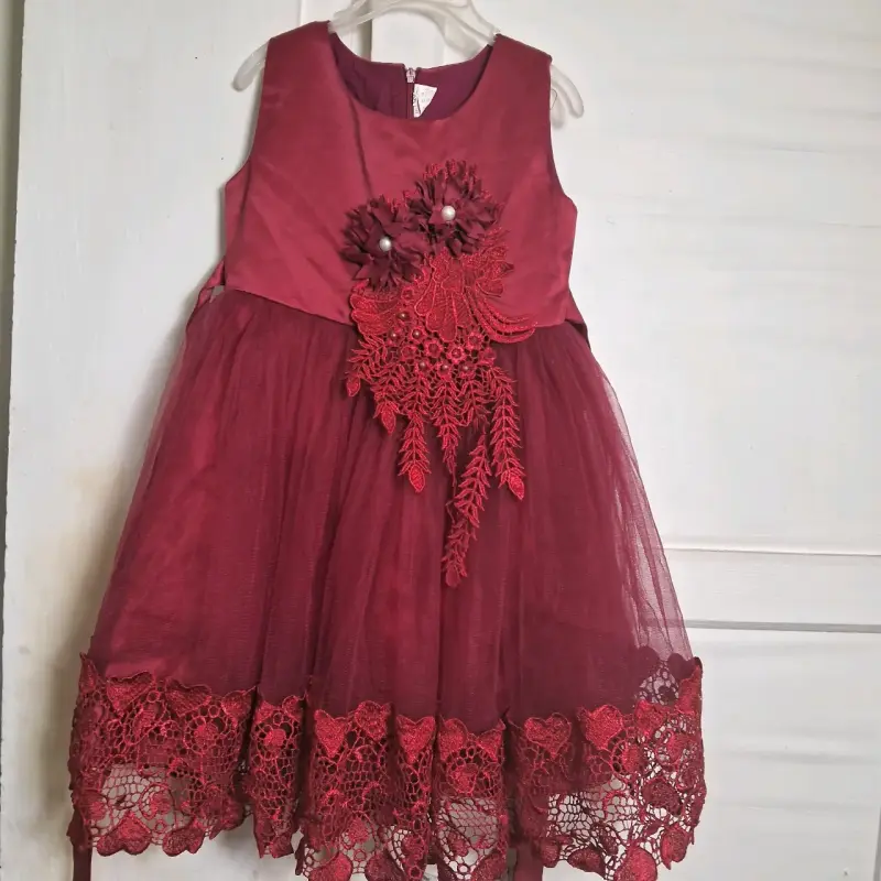 Vestido de fiesta infantil burdeos con encaje - 6
