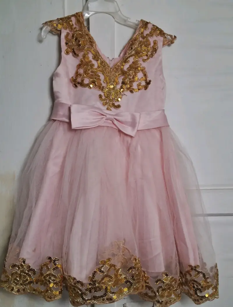 Vestido de fiesta infantil rosa con encaje dorado - 2