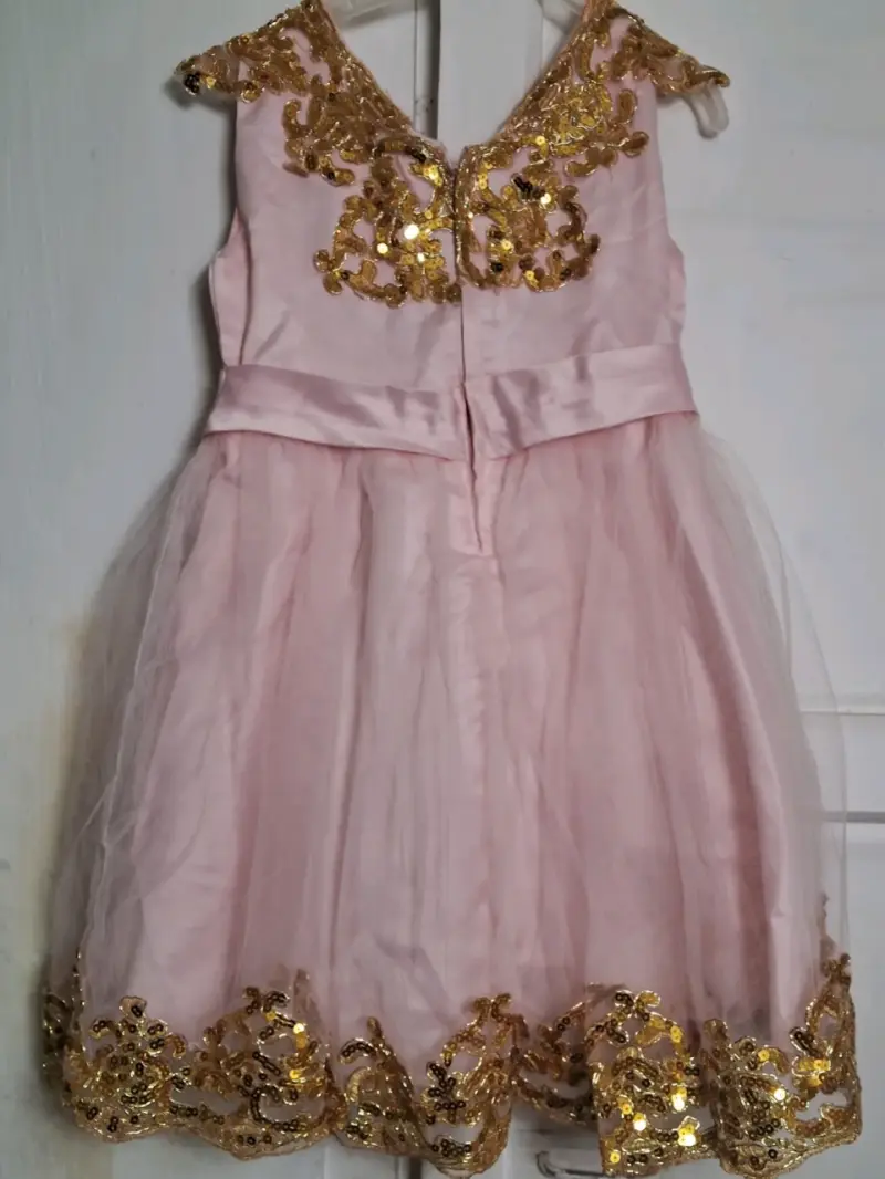 Vestido de fiesta infantil rosa con encaje dorado - 4