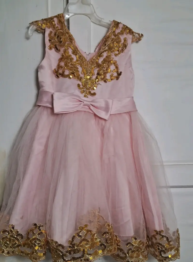Vestido de fiesta infantil rosa con encaje dorado - 6