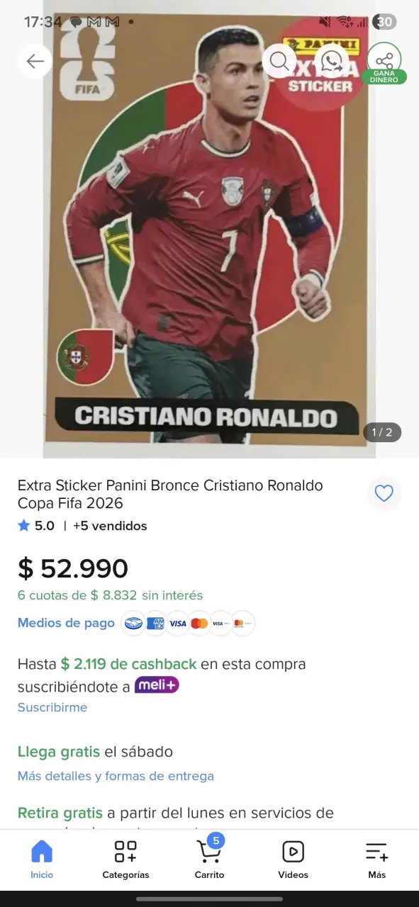 Lámina Panini Cristiano Ronaldo FIFA extra de bron - 2