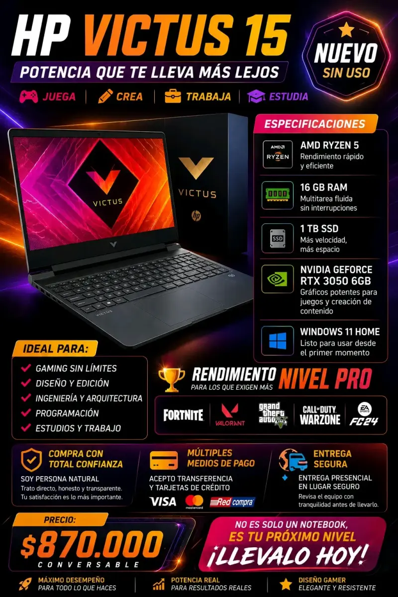 Laptop HP Victus 15 Ryzen 5 16GB RAM 1TB SSD