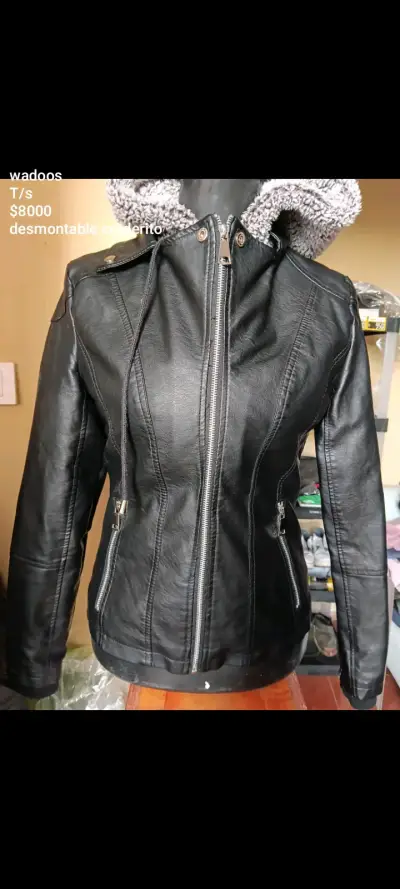 Chaqueta de cuero negra con capucha desmontable - miniatura 1