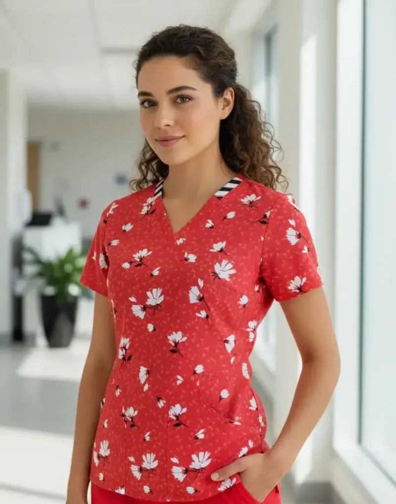 Blusa médica roja con estampado floral marca Elle - 1