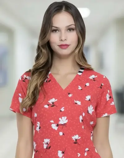 Blusa médica roja con estampado floral marca Elle - miniatura 2