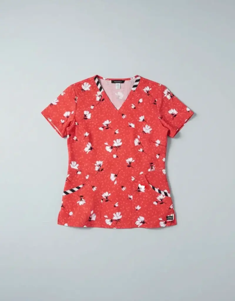 Blusa médica roja con estampado floral marca Elle - 4