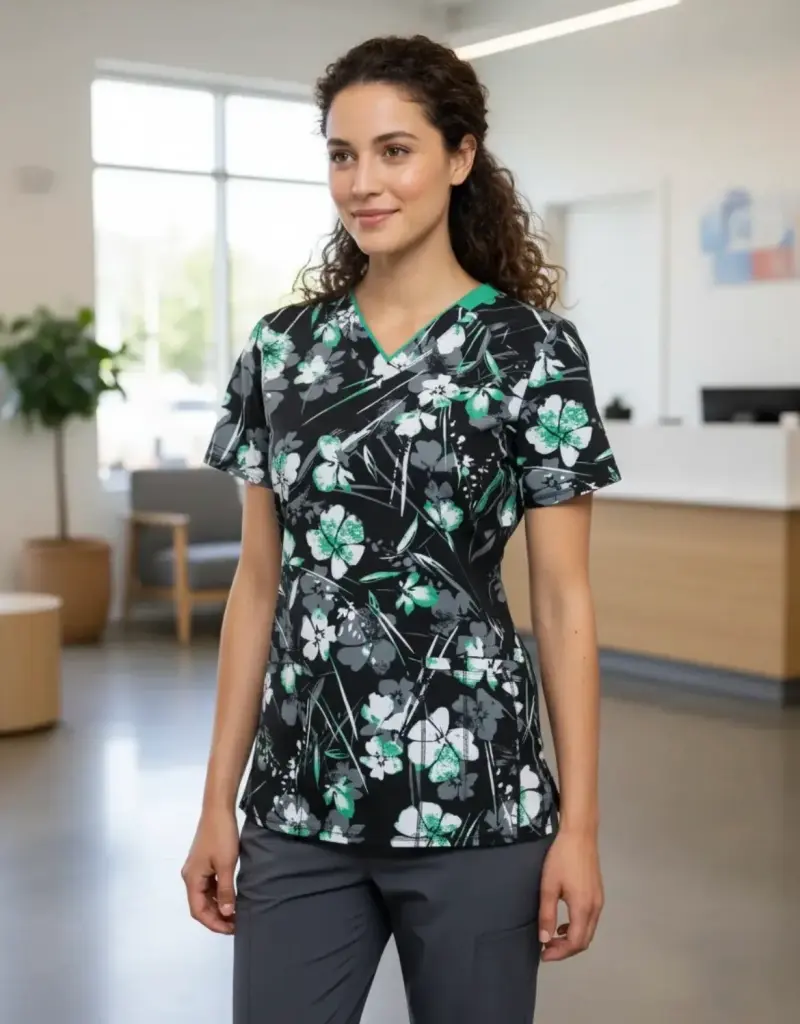 Blusa médica estampada floral negra marca Cherokee - 2