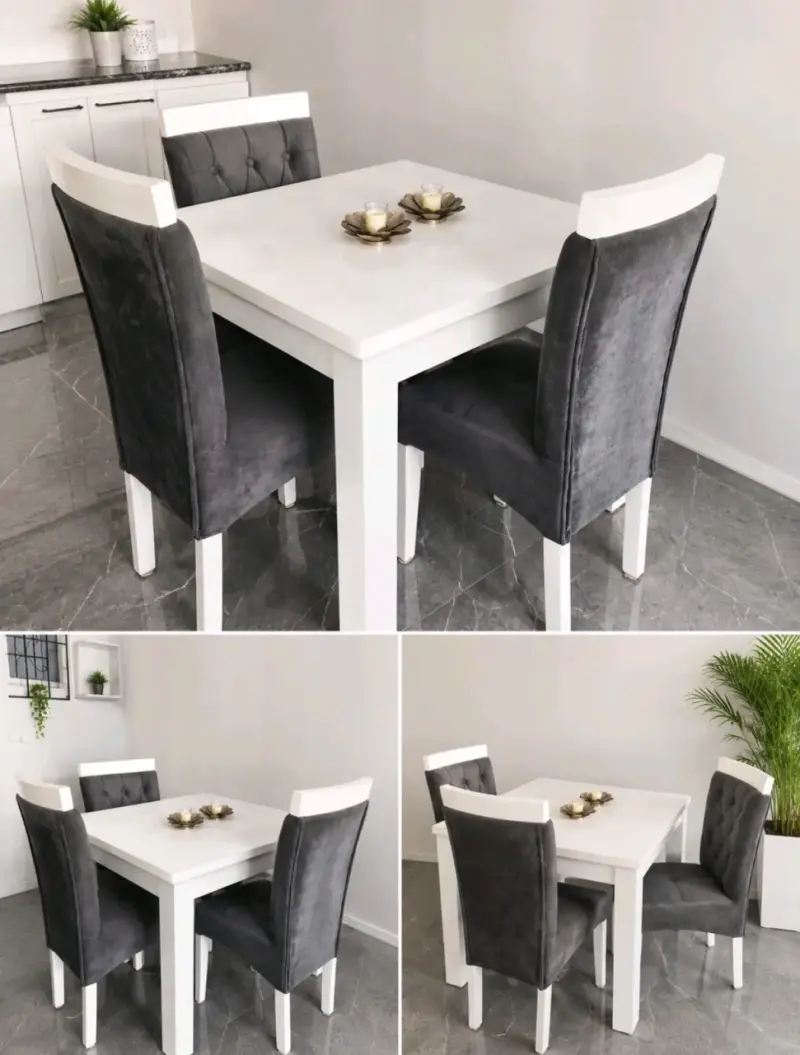 Juego de comedor blanco con sillas grises