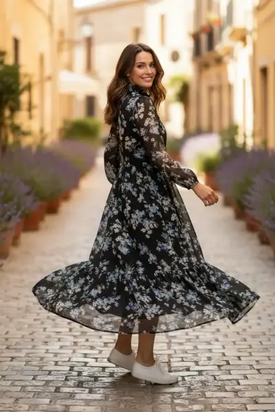 Vestido floral negro de manga larga - miniatura 1