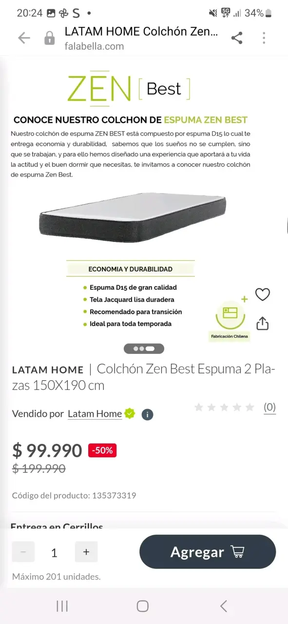 Colchón Latam Home Zen Best Espuma 2 Plazas NUEVO - 1