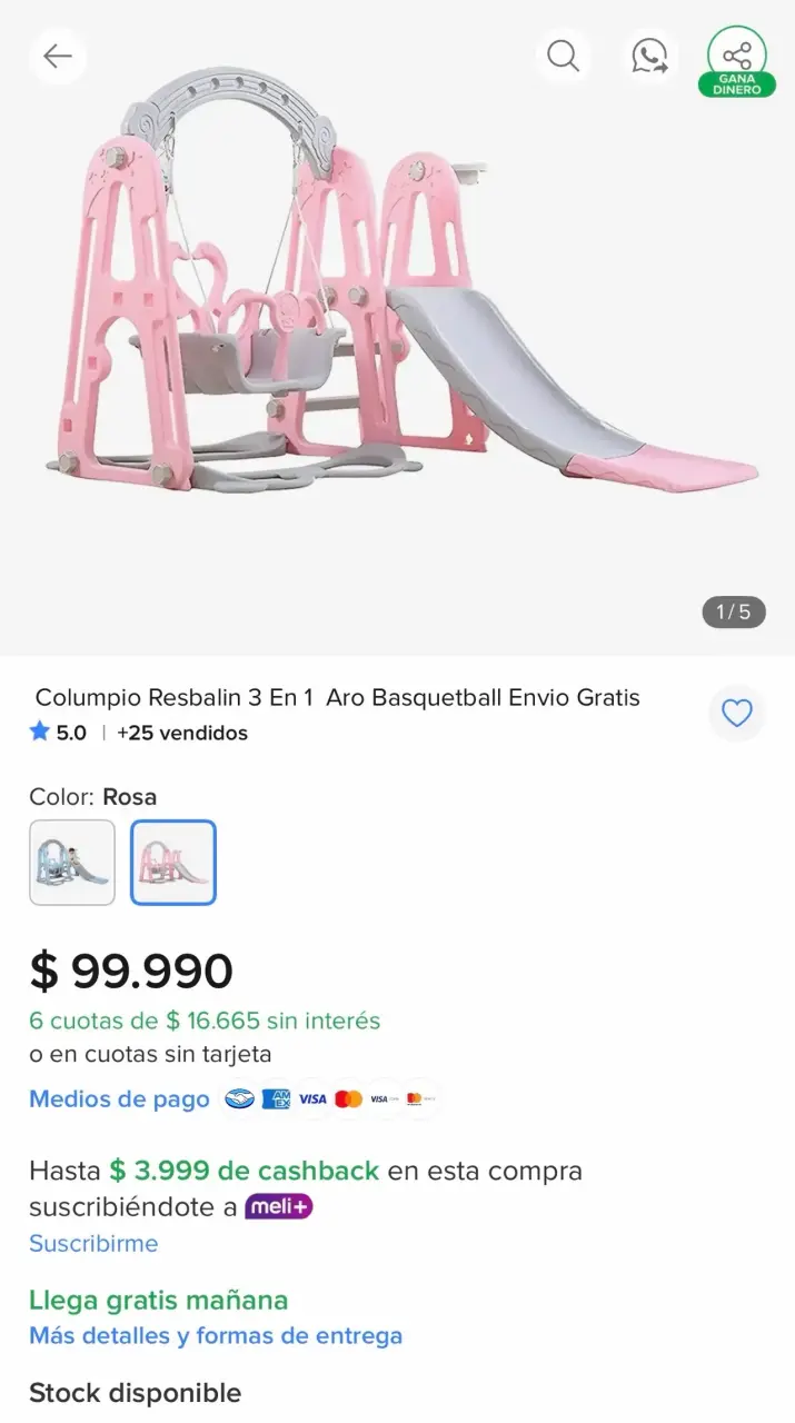 Columpio infantil con resbalín rosa - 3