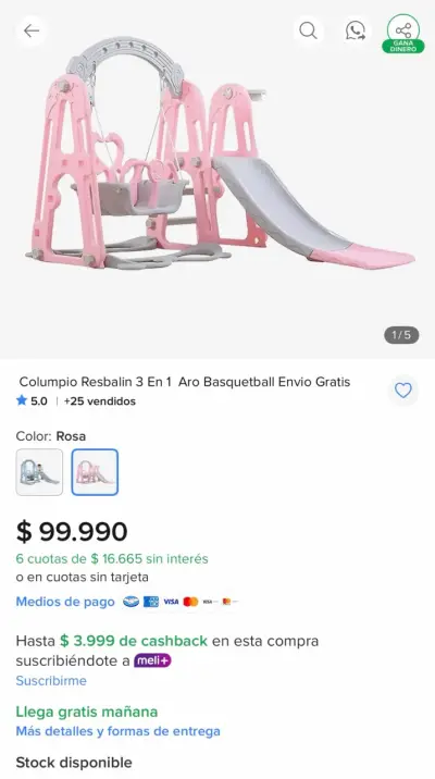 Columpio infantil con resbalín rosa - miniatura 3