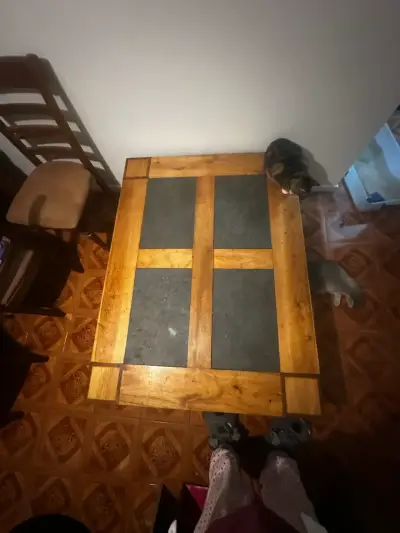 Mesa de centro rústica de madera y piedra - miniatura 1