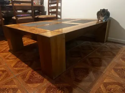 Mesa de centro rústica de madera y piedra - miniatura 5