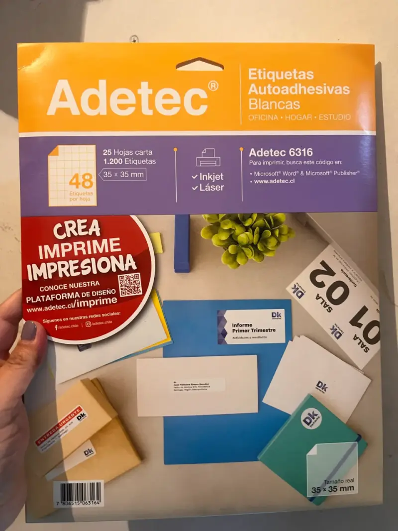 Etiquetas autoadhesivas blancas Adetec 35x35 mm