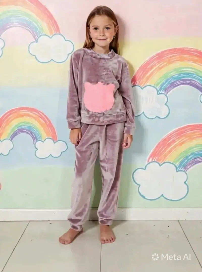Pijama de niña de felpa suave color lila y rosado - 1