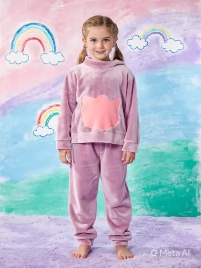 Pijama de niña de felpa suave color lila y rosado - miniatura 2