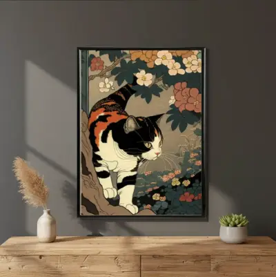 Cuadro Decorativo Neko En El Jardín 62x42 Ukiyo-e - miniatura 1