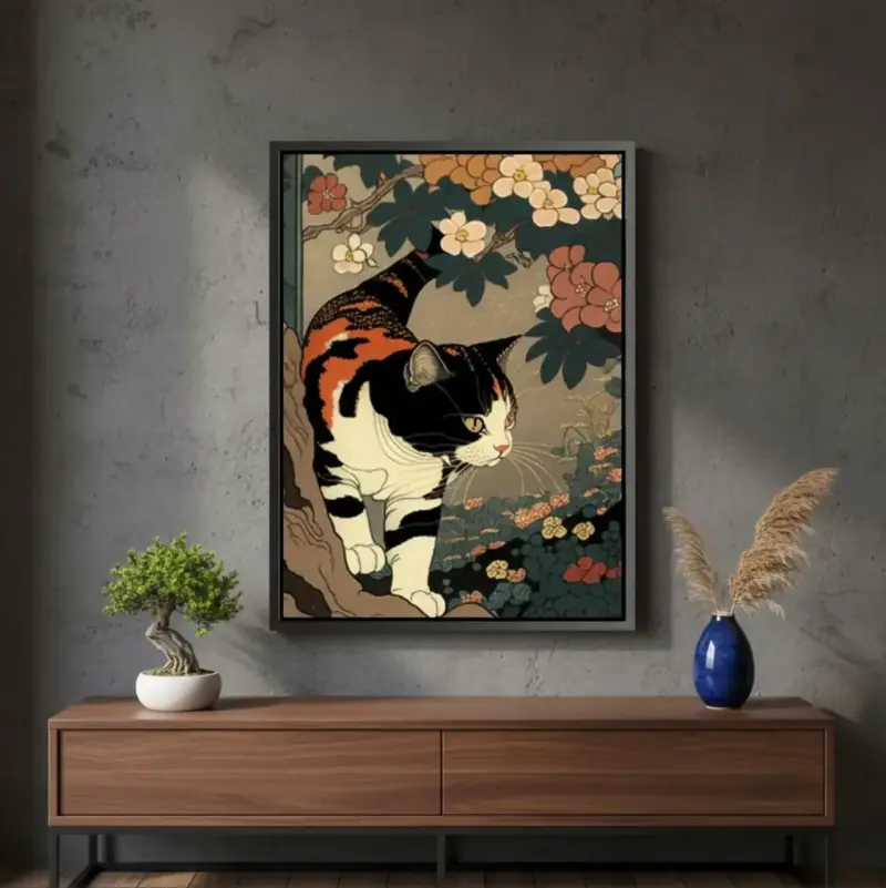 Cuadro Decorativo Neko En El Jardín 62x42 Ukiyo-e - 2