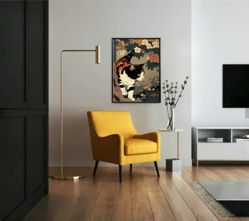 Cuadro Decorativo Neko En El Jardín 62x42 Ukiyo-e - 3