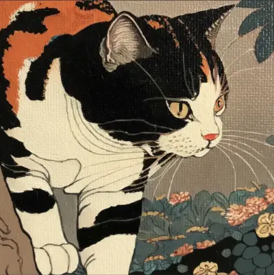 Cuadro Decorativo Neko En El Jardín 62x42 Ukiyo-e - miniatura 4