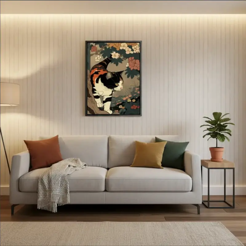 Cuadro Decorativo Neko En El Jardín 62x42 Ukiyo-e - 5