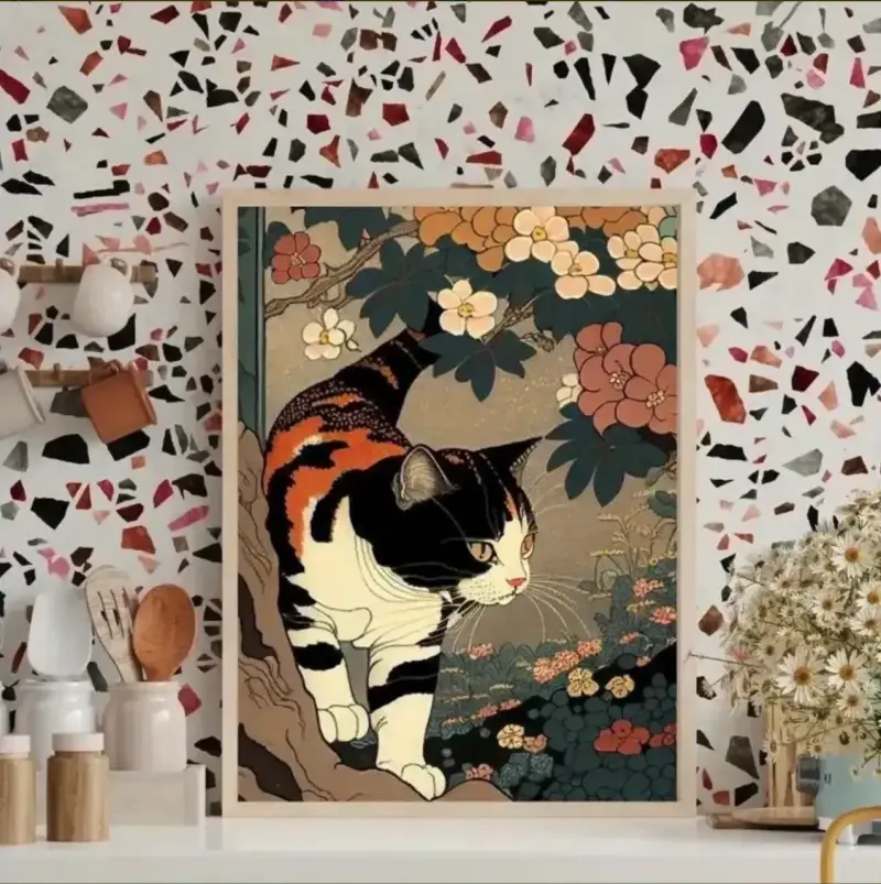 Cuadro Decorativo Neko En El Jardín 62x42 Ukiyo-e - 6