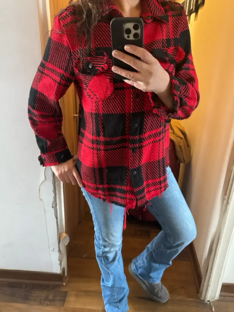 Chaqueta de cuadros roja y negra para mujer - 1