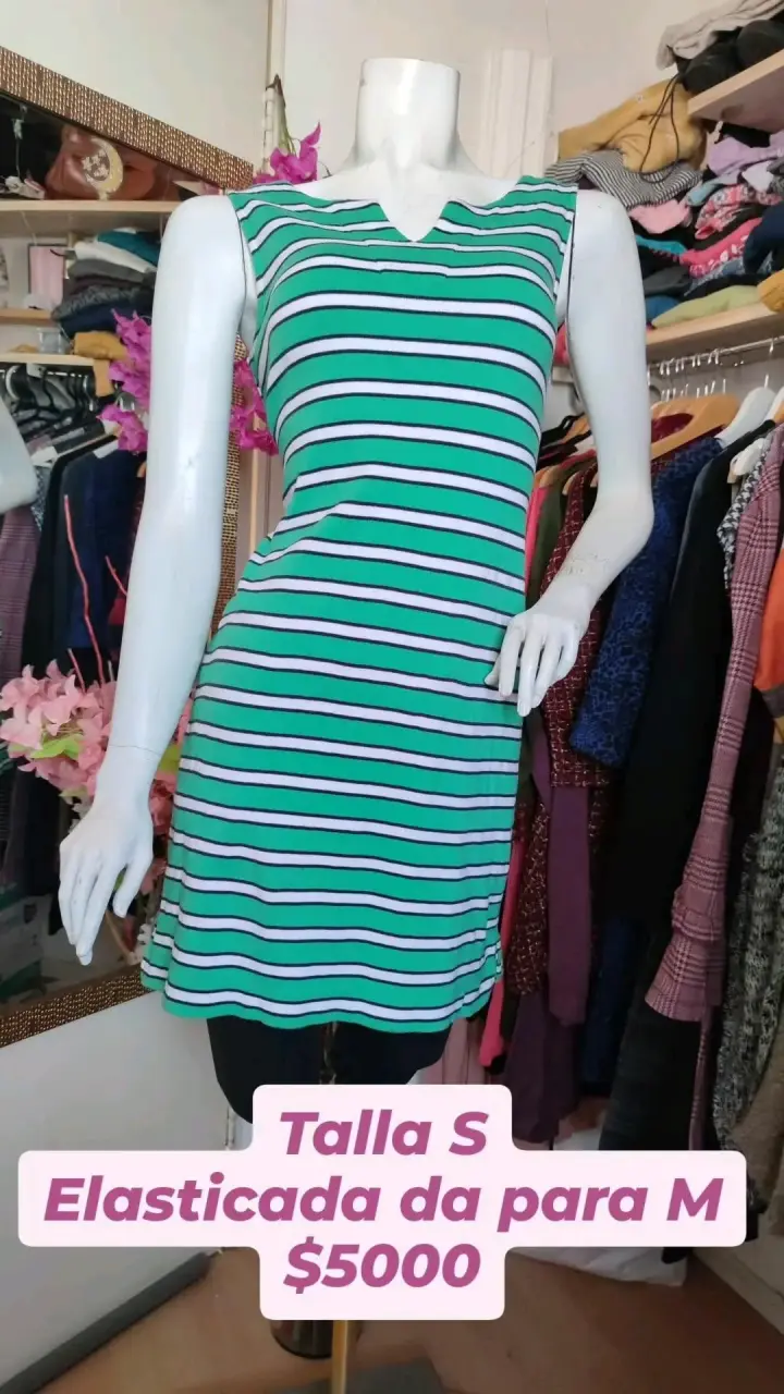 Vestido rayado elástico verde talla S - 1