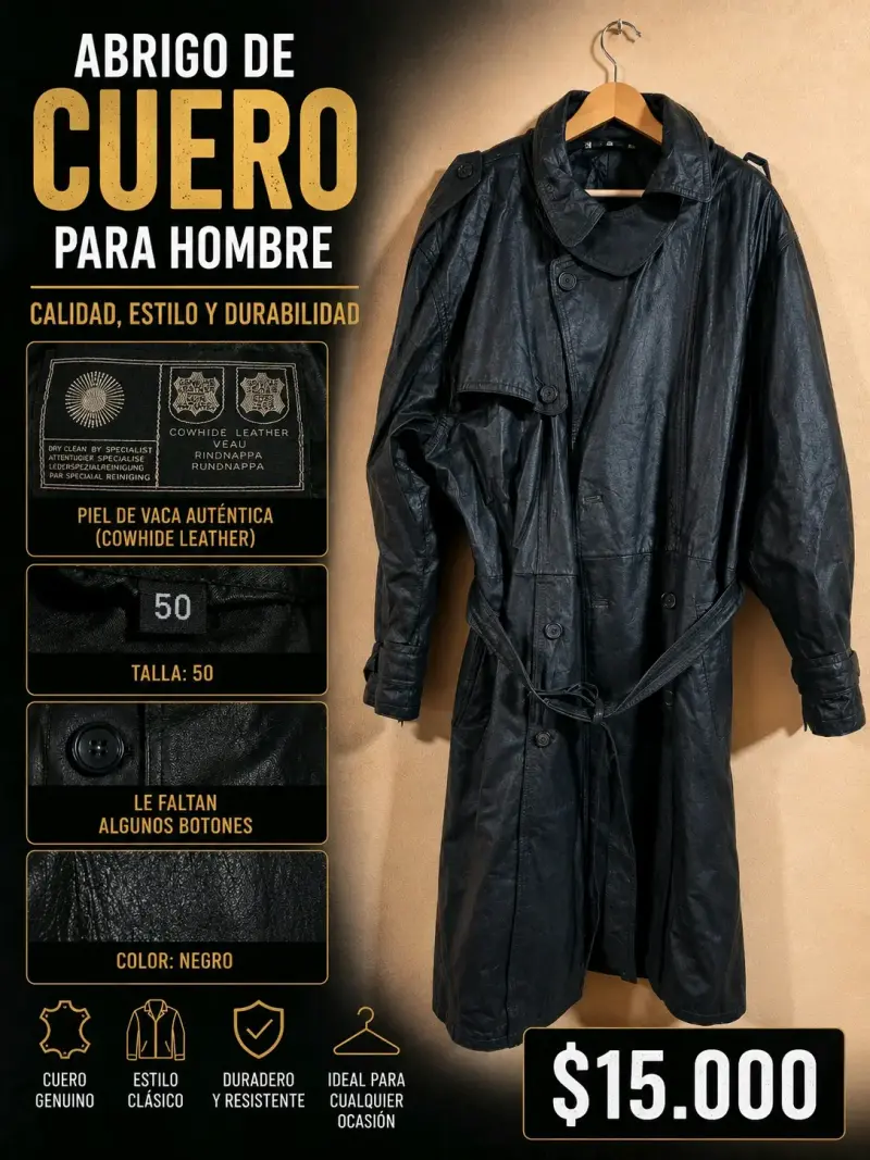 Abrigo de cuero negro para hombre - 1