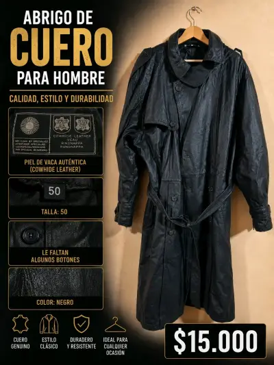 Abrigo de cuero negro para hombre - miniatura 1