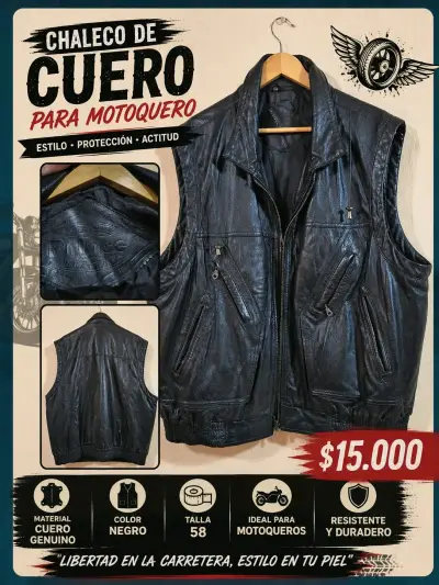 Chaleco de cuero para motoquero negro - miniatura 1