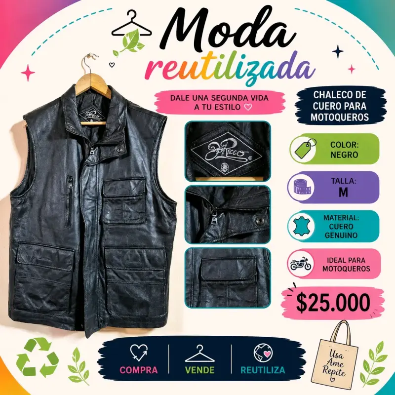 Chaleco de cuero para motoquero negro - 4
