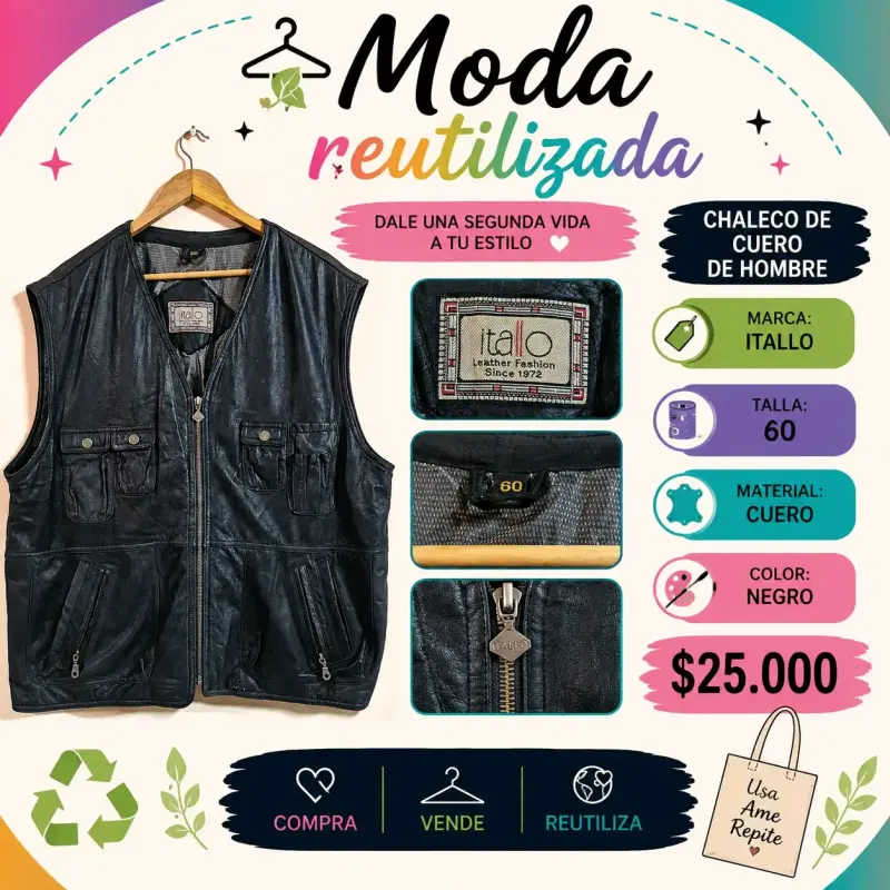 Chaleco de cuero para motoquero negro - 5