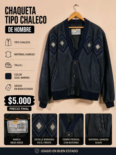 Chaleco de hombre azul con frente de gamuza - miniatura 2