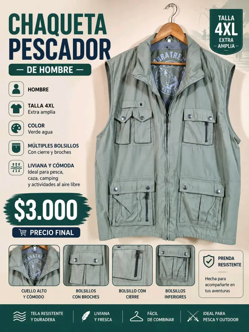 Chaqueta de pesca para hombre verde 3XL - 2