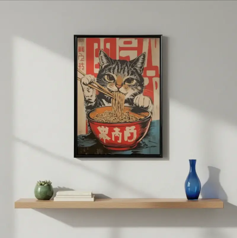 Lindo Cuadro Decorativo Gato Comiendo Ramen 42X62 - 1